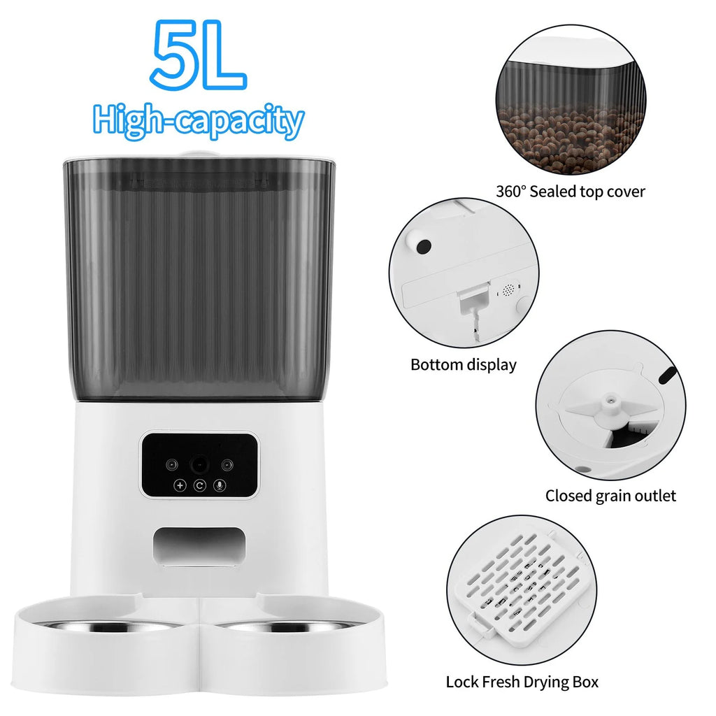 Threes Tree Smart Automatic Cat Feeder with HD Camera - 5L Capacity & Remote APP Control for Two Pets