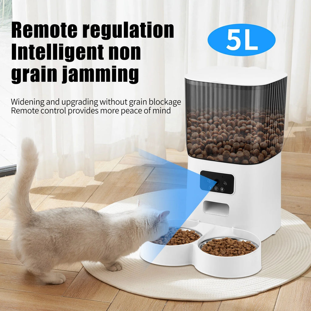 Threes Tree Smart Automatic Cat Feeder with HD Camera - 5L Capacity & Remote APP Control for Two Pets