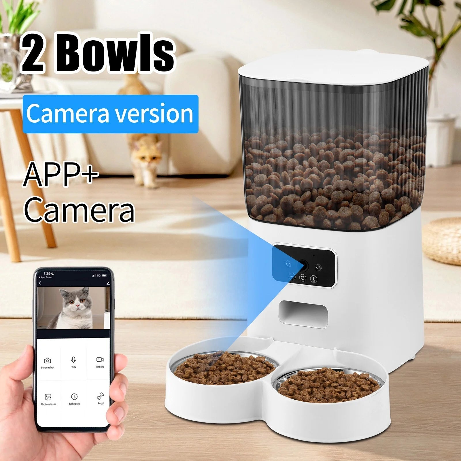 Threes Tree Smart Automatic Cat Feeder with HD Camera - 5L Capacity & Remote APP Control for Two Pets